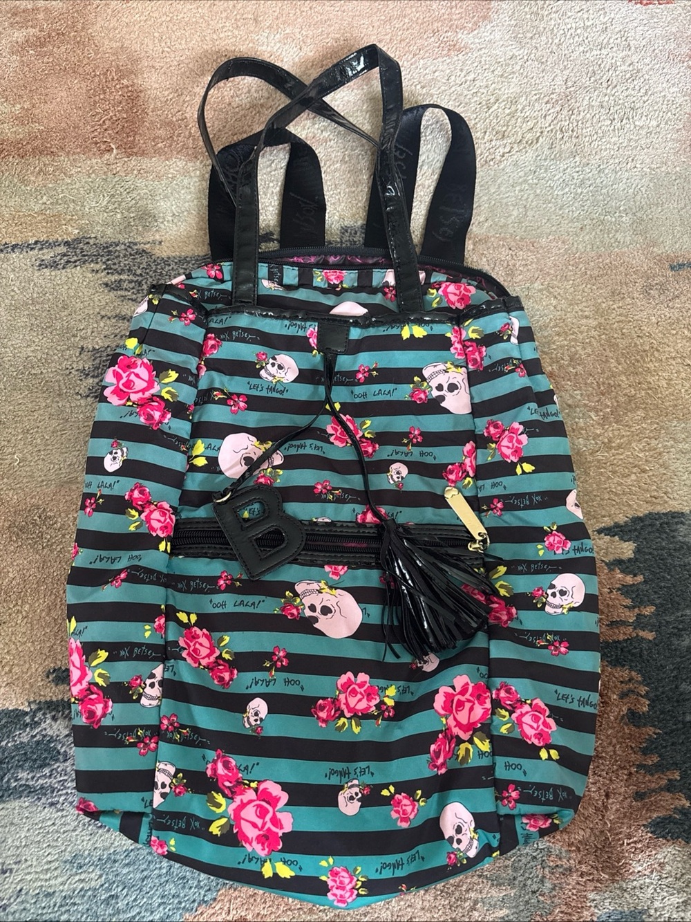 Betsey Johnson Teal & Black Striped Floral Skull Backpack PERFECT